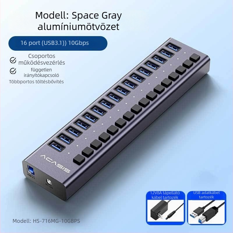 USB 3.1 hub, alumínium ötvözet burkolat, külső tápegység szükséges, 1-6 portos bővítés, 10 Gbps adatátvitel