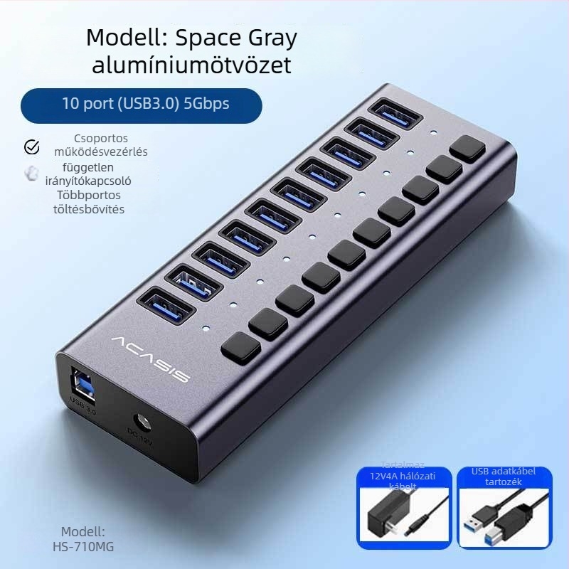 USB 3.1 hub, alumínium ötvözet burkolat, külső tápegység szükséges, 1-6 portos bővítés, 10 Gbps adatátvitel