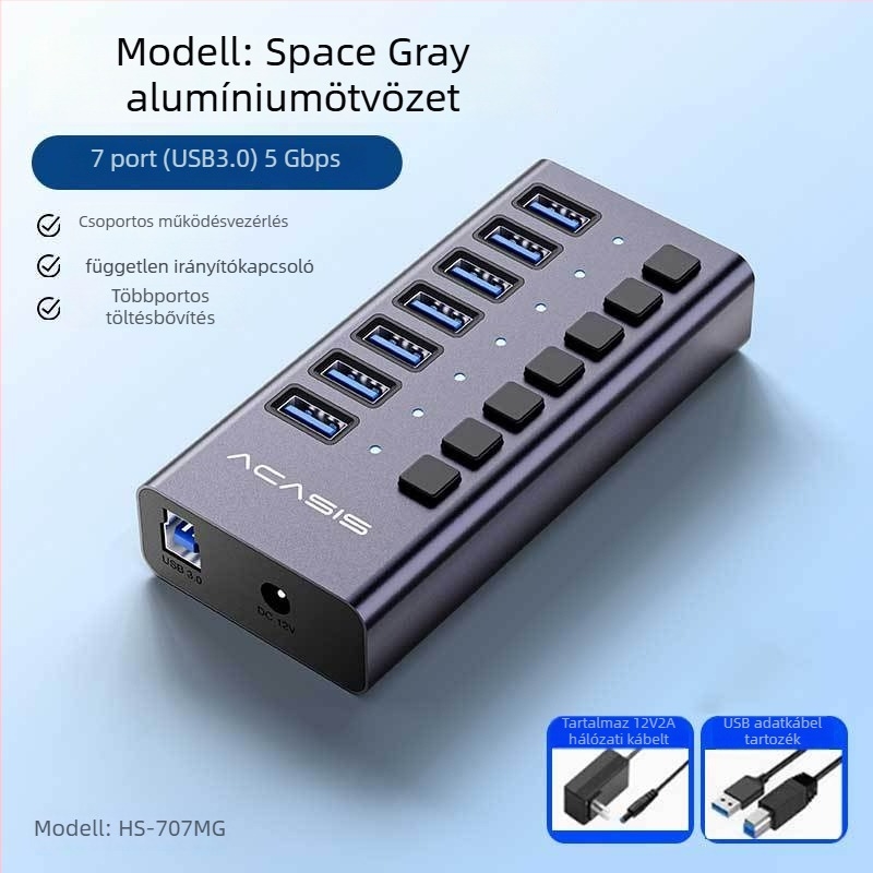 USB 3.1 hub, alumínium ötvözet burkolat, külső tápegység szükséges, 1-6 portos bővítés, 10 Gbps adatátvitel