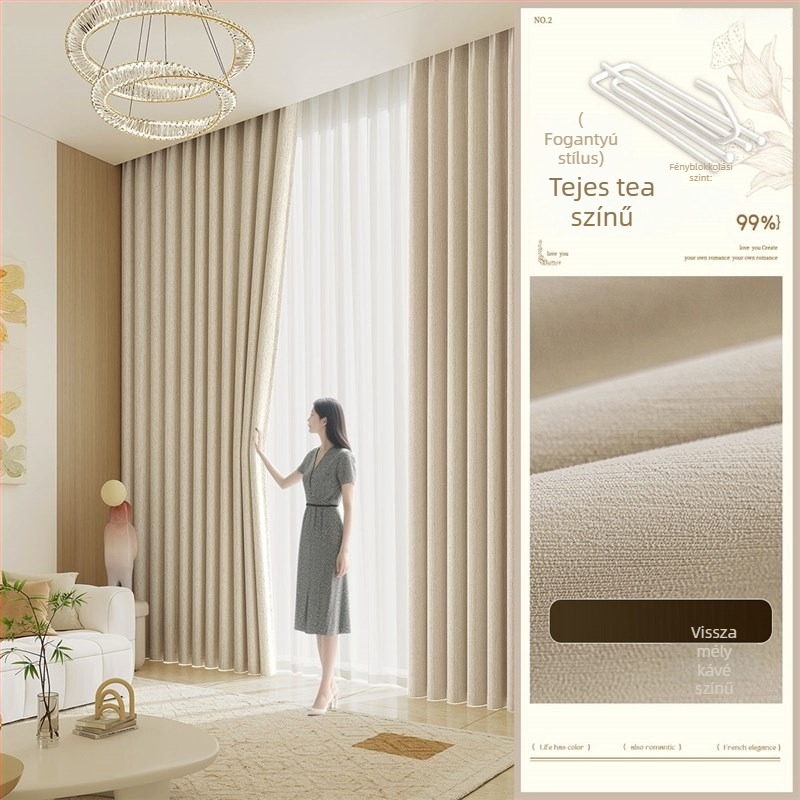 Chenille függönyök teljes árnyékolással, fonalas színezés, francia stílus, egyszínű minta, nappali, hálószoba, dolgozószoba, konyha, erkély