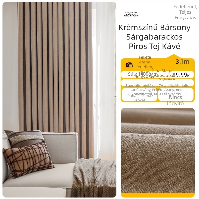 Chenille függönyök teljes árnyékolással, fonalas színezés, francia stílus, egyszínű minta, nappali, hálószoba, dolgozószoba, konyha, erkély