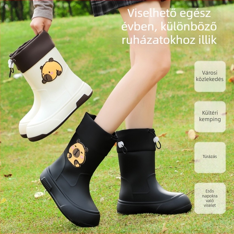 Női PVC esőcsizma középmagasságú, vastag talp, karikatúra mintával, alacsony sarok