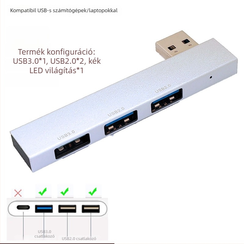 USB 3.0 hub XS-889a, 3-portos, USB 2.0/3.0 átviteli sebesség, külső tápegység nélkül