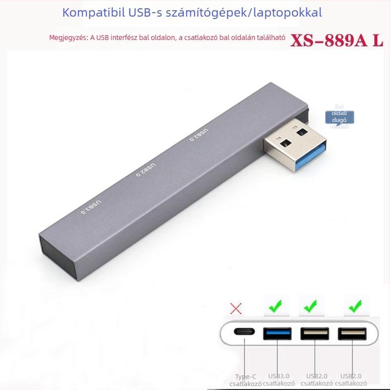 USB 3.0 hub XS-889a, 3-portos, USB 2.0/3.0 átviteli sebesség, külső tápegység nélkül