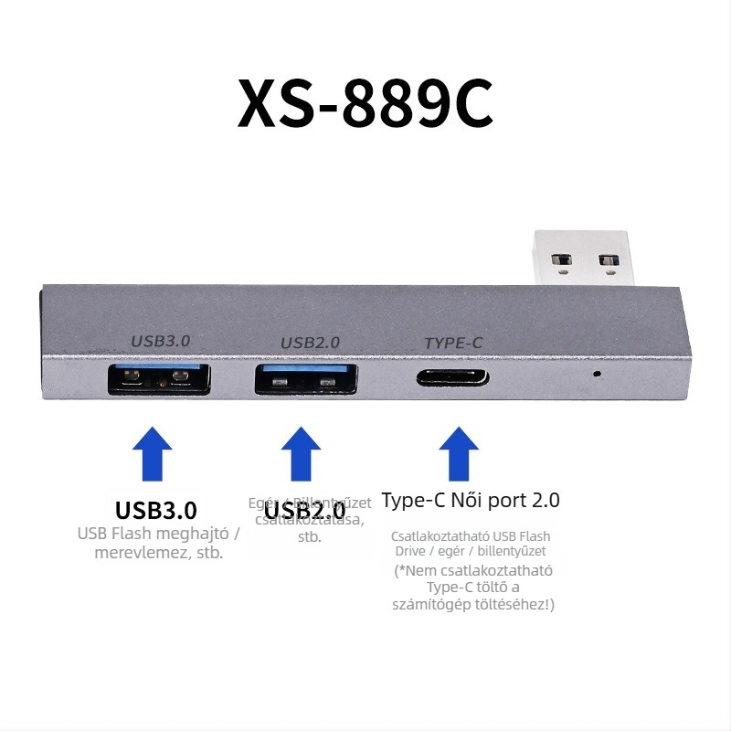 USB 3.0 hub XS-889a, 3-portos, USB 2.0/3.0 átviteli sebesség, külső tápegység nélkül