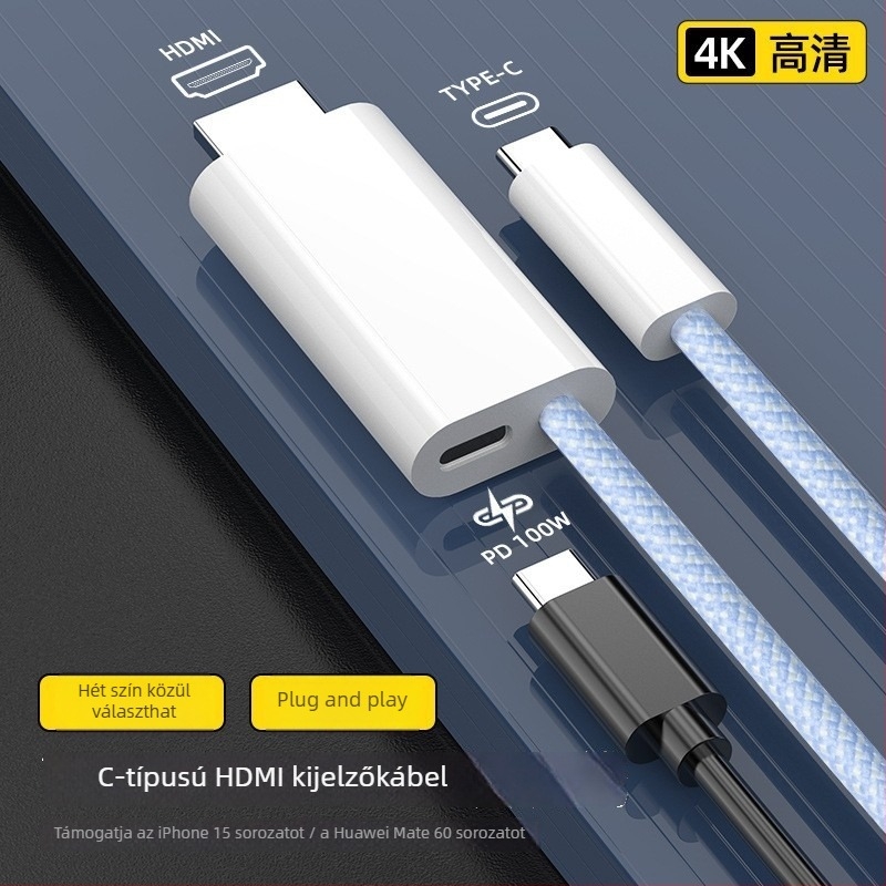 Type-C–HDMI 4K videó kijelzőkábel, kompatibil iPhone 15, Huawei Mate60 és Samsung sorozattal