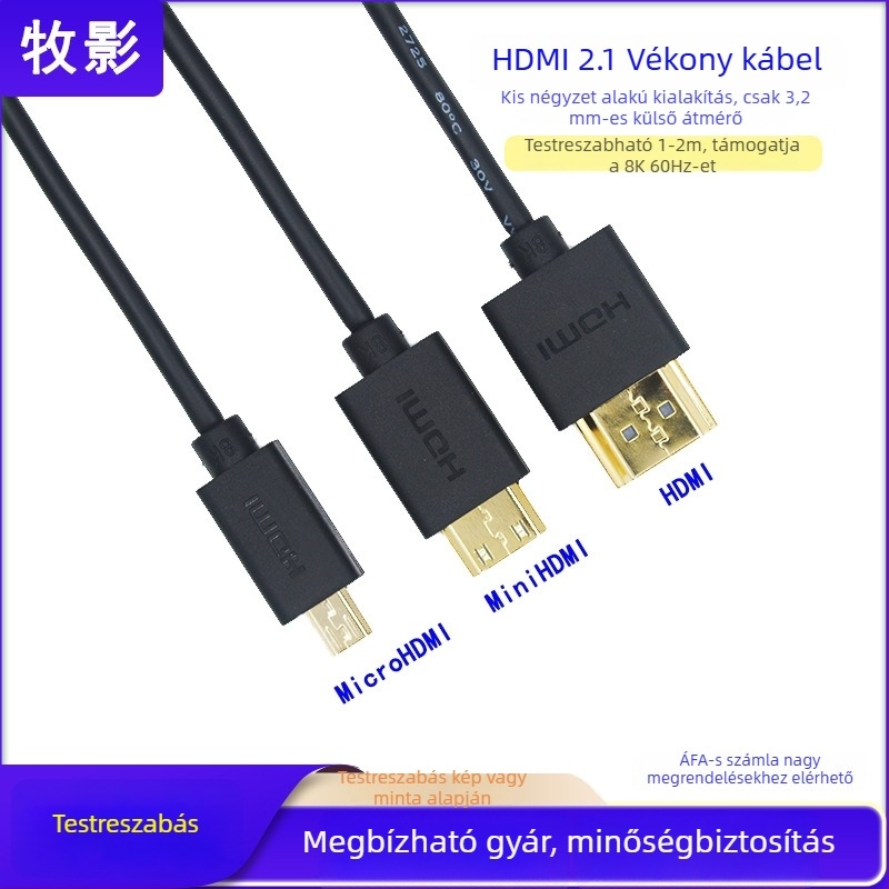 HDMI 2.1 8K vékony rugalmas kábel Micro HDMI‑ről standard HDMI‑re, 3 m, aranyozott csatlakozók