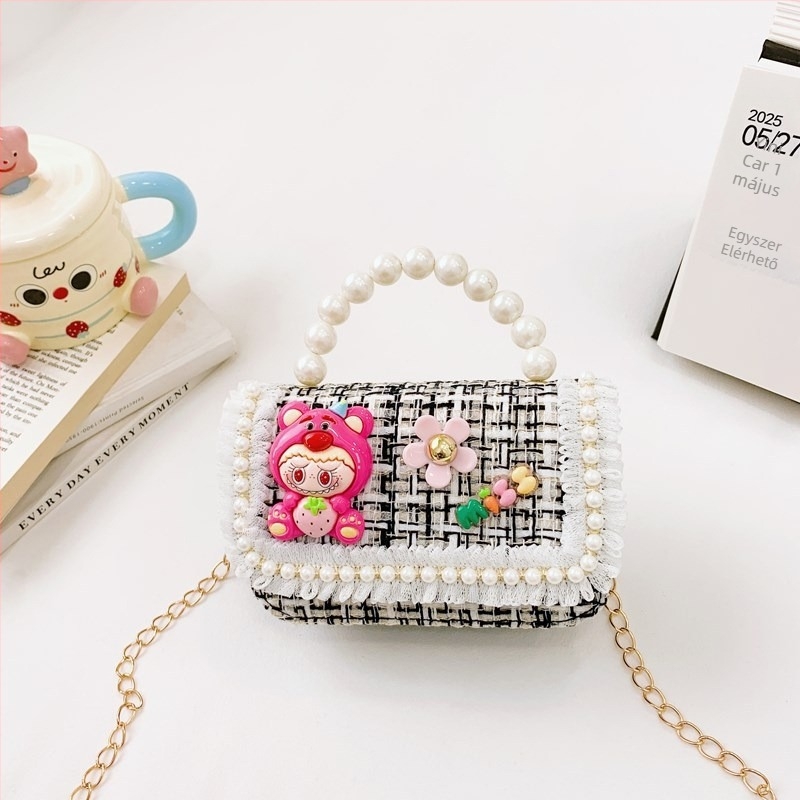 Csillogó Labubu Strawberry Bear gyerek váll-táska — pamut és len anyag, bélés poliészter, minta karakter, gyerekbarát és aranyos stílus, mindennapi használatra