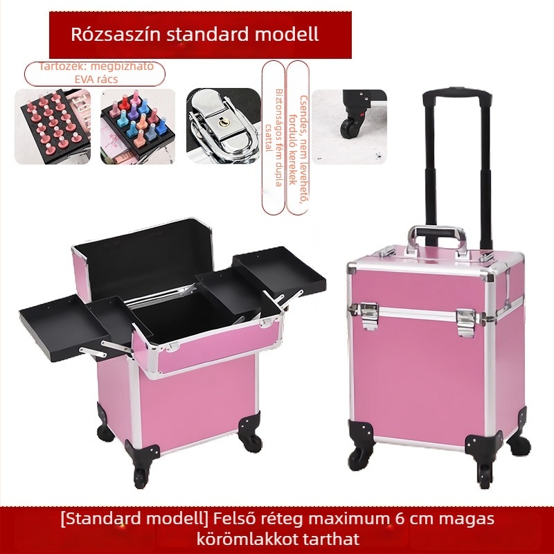 Professzionális fodrász- és kozmetikai eszköztároló doboz görgőkkel, teleszkópos fogantyúval, ABS+PC anyagból, univerzális kerekek, zárható nyitás, súly 4,5 kg