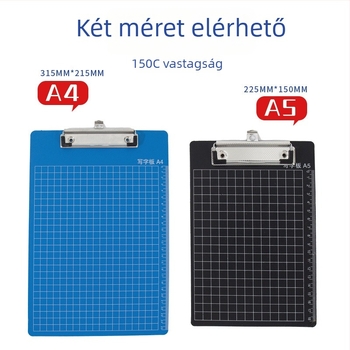 Műanyag író tábla erős csiptetővel és lemezklippel; csipesz mérete 315×215 mm / 225×150 mm; lemez vastagsága 150 mm; alkalmas papírméret 315×215 mm / 225×150 mm.
