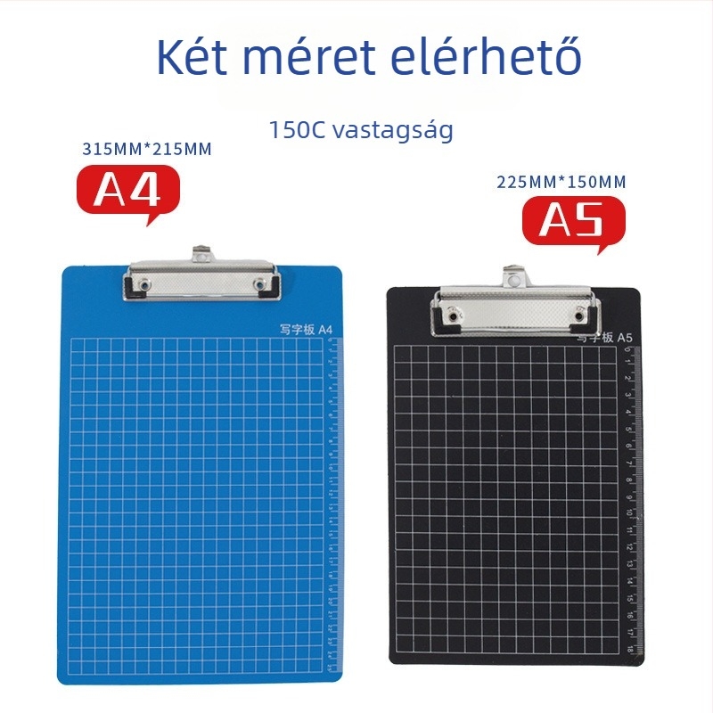 Műanyag író tábla erős csiptetővel és lemezklippel; csipesz mérete 315×215 mm / 225×150 mm; lemez vastagsága 150 mm; alkalmas papírméret 315×215 mm / 225×150 mm.