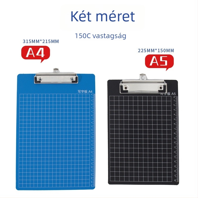 Műanyag író tábla erős csiptetővel és lemezklippel; csipesz mérete 315×215 mm / 225×150 mm; lemez vastagsága 150 mm; alkalmas papírméret 315×215 mm / 225×150 mm.