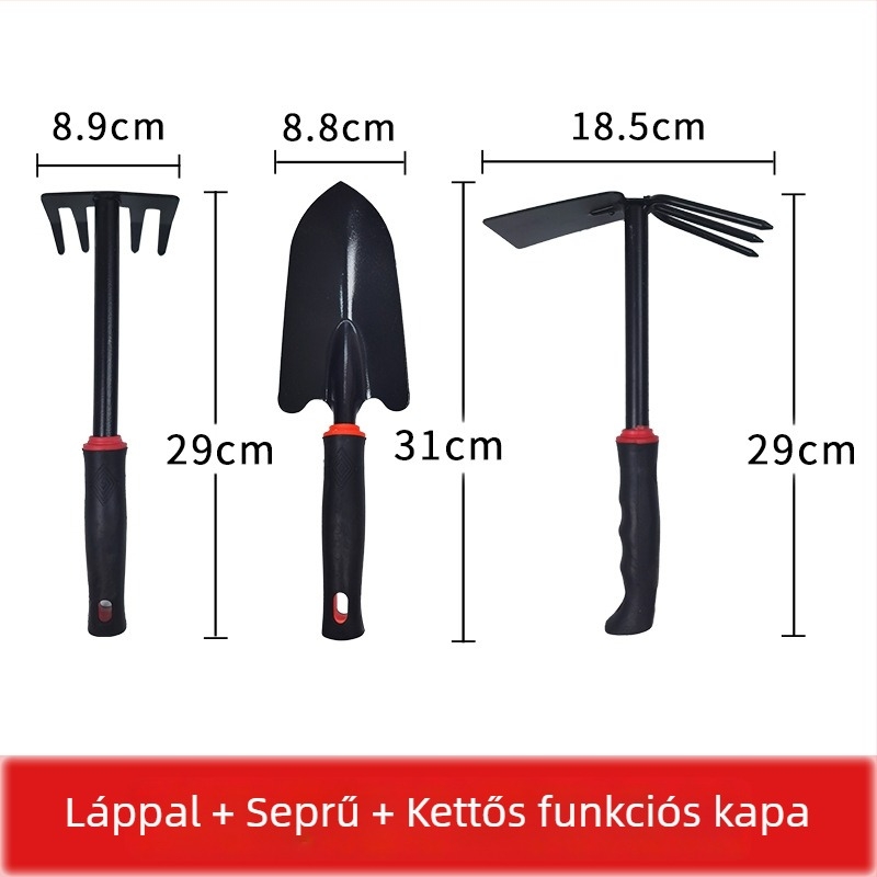 Kertészeti szerszámkészlet, három részes, vasból, virágok és zöldségek ültetésére, talaj lazítására és gyomirtására