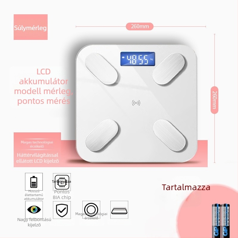 Bluetooth–os testzsírmérő, alkalmazással, Type-C töltéssel, otthoni használatra