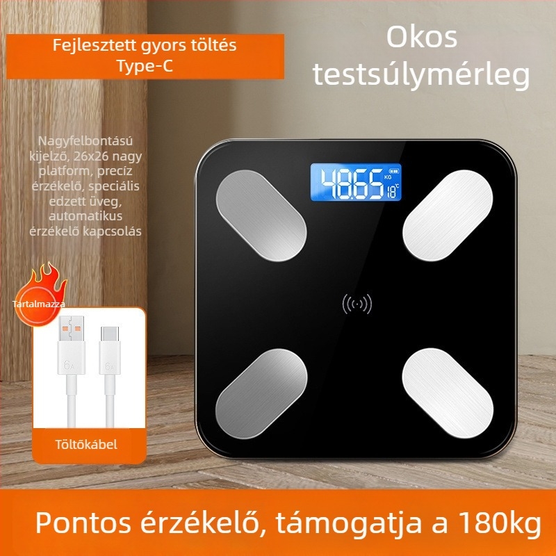 Bluetooth–os testzsírmérő, alkalmazással, Type-C töltéssel, otthoni használatra