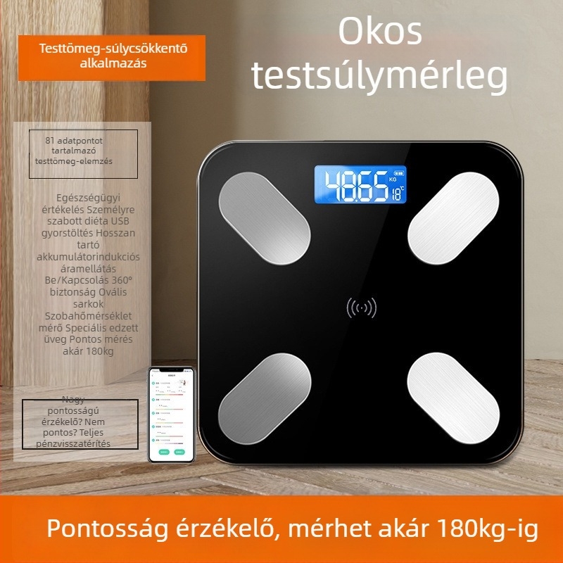 Bluetooth–os testzsírmérő, alkalmazással, Type-C töltéssel, otthoni használatra