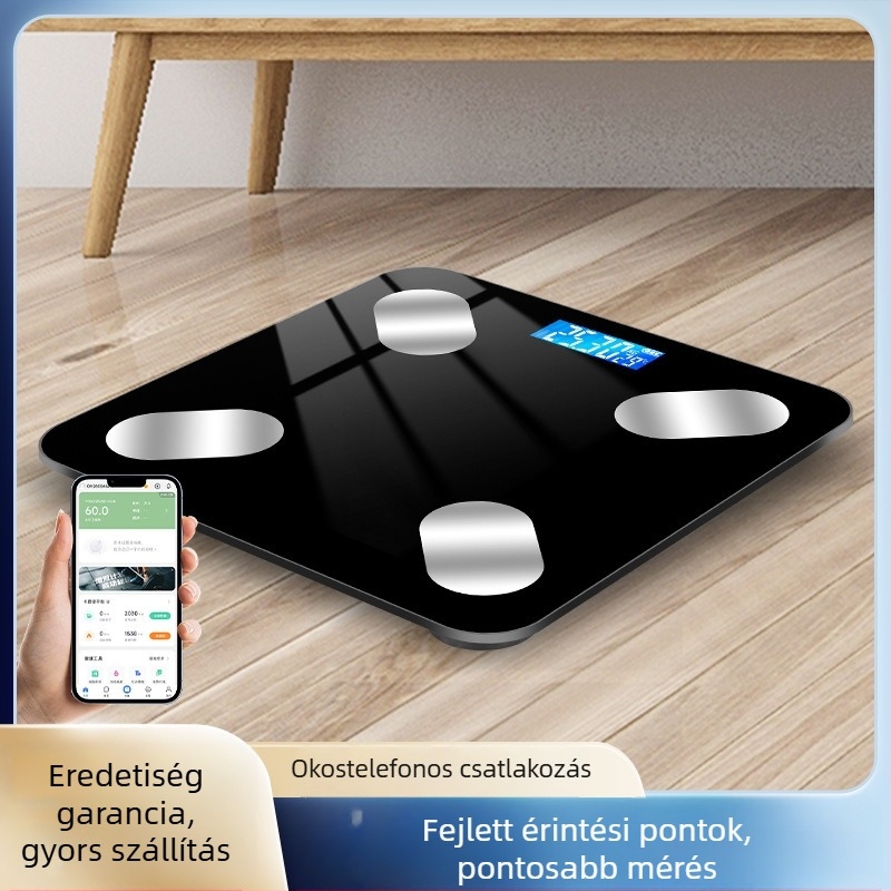 Bluetooth intelligens testzsírmérleg LED kijelzővel, érintéses működés, ABS műanyag, akkumulátoros