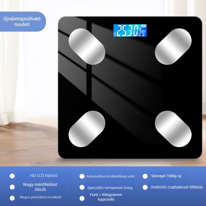 Bluetooth intelligens testzsírmérleg LED kijelzővel, érintéses működés, ABS műanyag, akkumulátoros