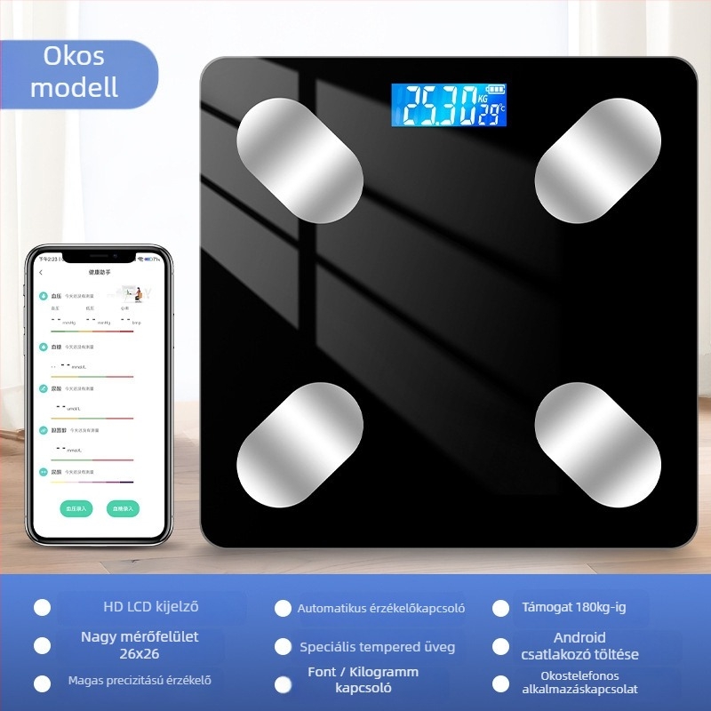 Bluetooth intelligens testzsírmérleg LED kijelzővel, érintéses működés, ABS műanyag, akkumulátoros