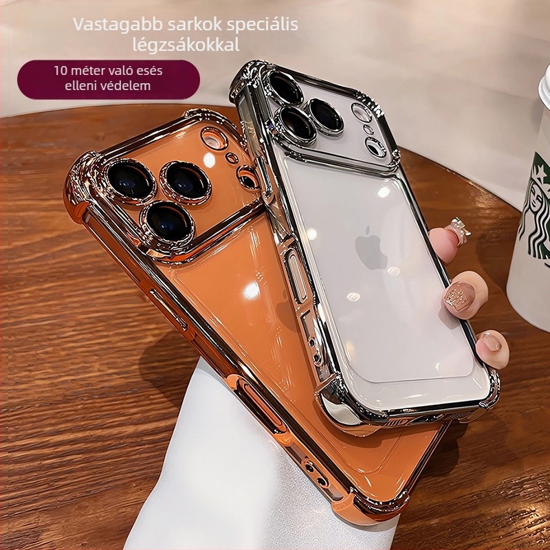 Átlátszó ütésálló TPU tok iPhone 17-höz, elektroplatált élekkel, teljes védelem és kamera objektív védő
