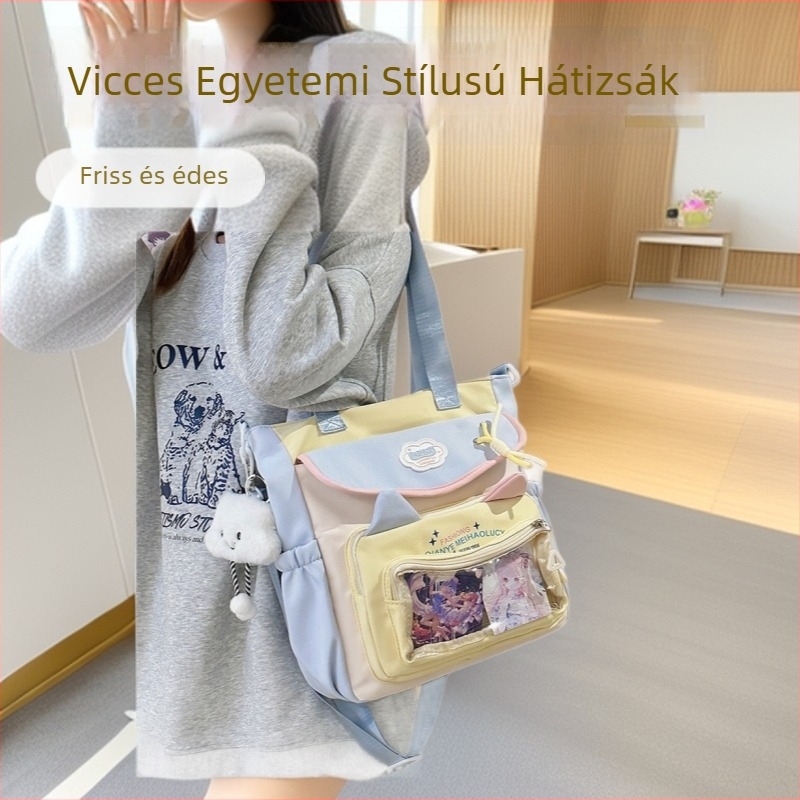 Nylon keresztpántos iskolatáska lányoknak – lélegző, vízálló, könnyű, kopásálló; betűs minta; poliészter bélés; megfelelő középiskolásoknak és idősebbeknek