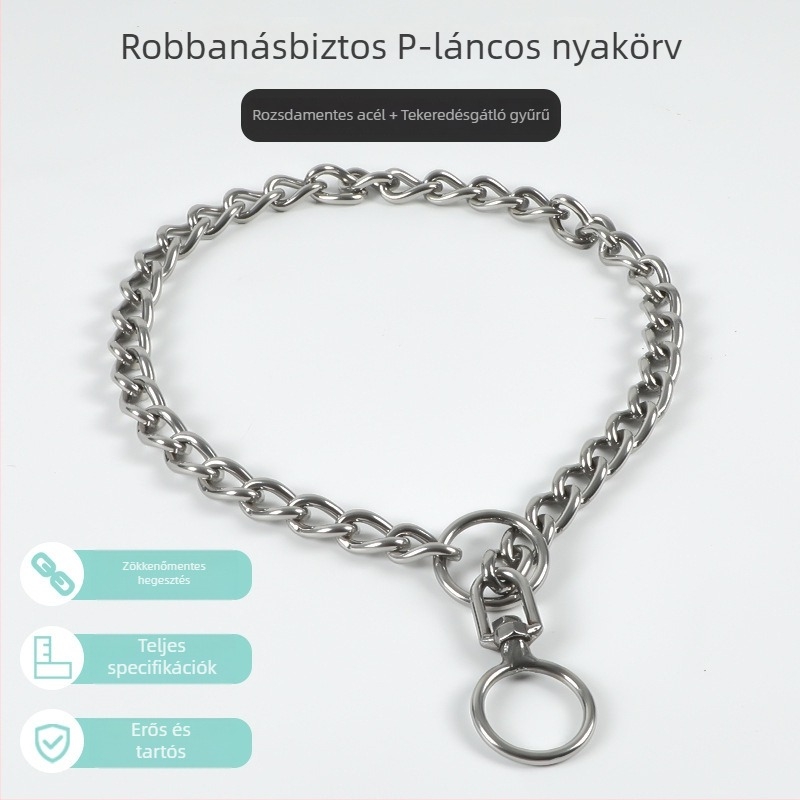 304 rozsdamentes acélból készült kutya kiképző lánc, dupla gyűrűs, P-formájú lánc, fémből készült nyakörv