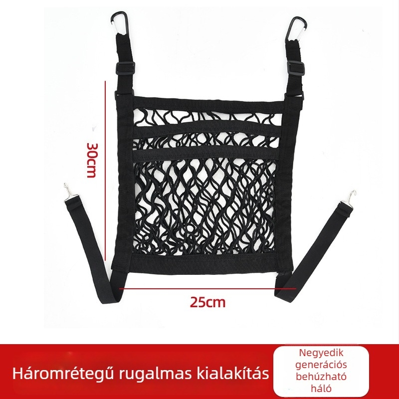 Középső ülések közötti rugalmas hálós tároló autóhoz