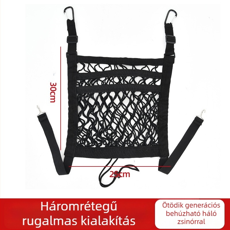 Középső ülések közötti rugalmas hálós tároló autóhoz