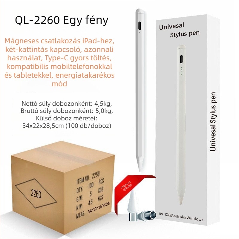Kapacitív stylus jelzőfénnyel iPad és Android/Windows érintőképernyős eszközökhöz; csomag tartalmaz: stylus, használati útmutató, USB-kábel, 2 csúcs