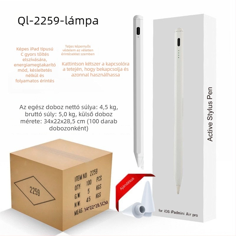Kapacitív stylus jelzőfénnyel iPad és Android/Windows érintőképernyős eszközökhöz; csomag tartalmaz: stylus, használati útmutató, USB-kábel, 2 csúcs