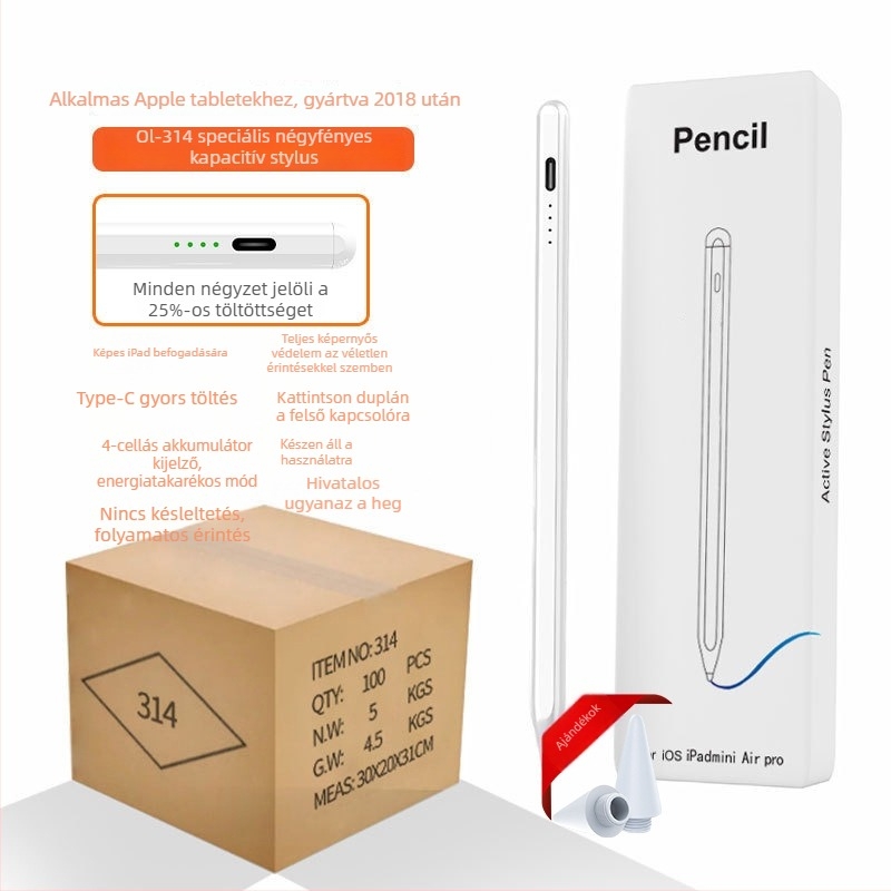 Kapacitív stylus jelzőfénnyel iPad és Android/Windows érintőképernyős eszközökhöz; csomag tartalmaz: stylus, használati útmutató, USB-kábel, 2 csúcs