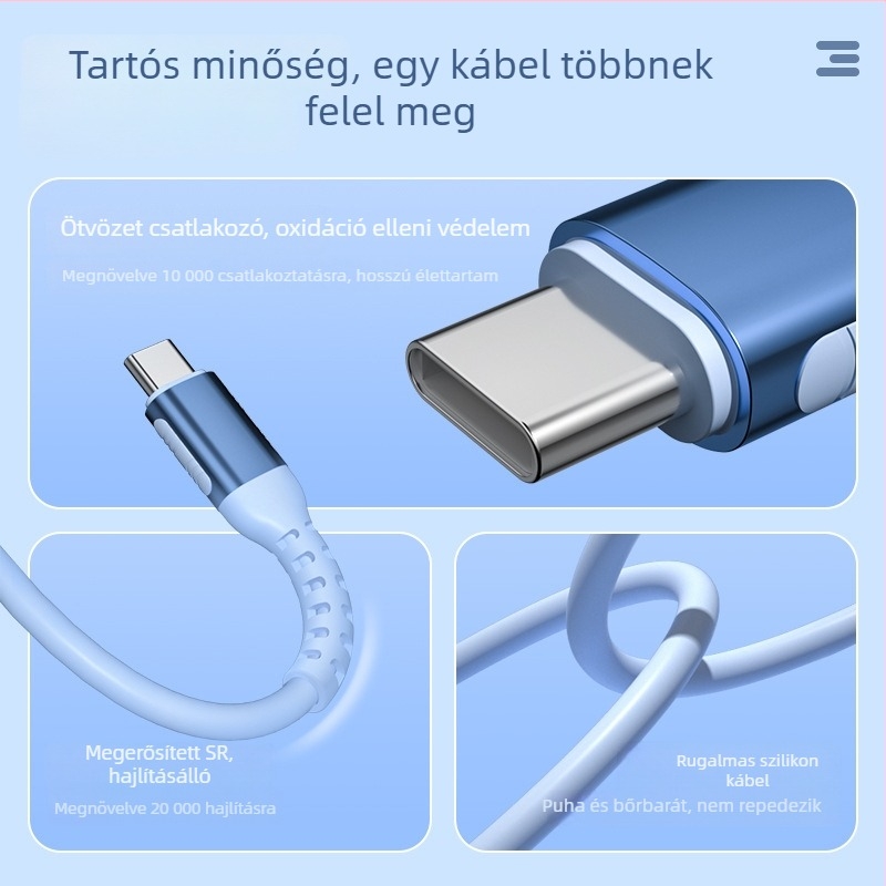 Puha folyékony szilikon töltőkábel Android és Apple eszközökhöz; kompatibilis táblagépekkel és laptopokkal; USB Type-C gyors töltés és adatátvitel