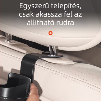 Hátsó ülésre szerelhető pohártartóval, telefontartóval és akasztós tárolóval — Anyag: ABS+bőr; Használat: hátsó ülés; Funkció: többfunkciós tárolás; Tároló típus: akasztós táska; Logó nyomtatás: elérhető