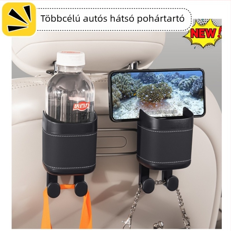 Hátsó ülésre szerelhető pohártartóval, telefontartóval és akasztós tárolóval — Anyag: ABS+bőr; Használat: hátsó ülés; Funkció: többfunkciós tárolás; Tároló típus: akasztós táska; Logó nyomtatás: elérhető