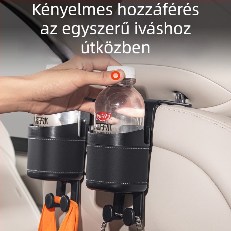 Hátsó ülésre szerelhető pohártartóval, telefontartóval és akasztós tárolóval — Anyag: ABS+bőr; Használat: hátsó ülés; Funkció: többfunkciós tárolás; Tároló típus: akasztós táska; Logó nyomtatás: elérhető
