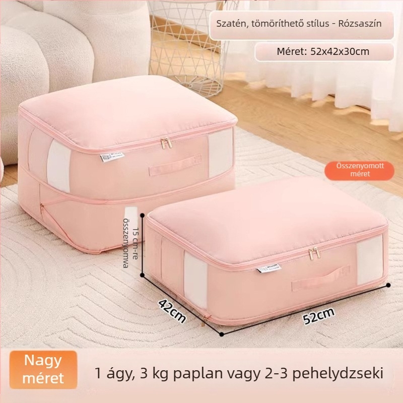 Ágytakaró tároló táska, vizuális tömörítő táska, kocka alak, satin anyag, multifunkcionális ruházati szervező