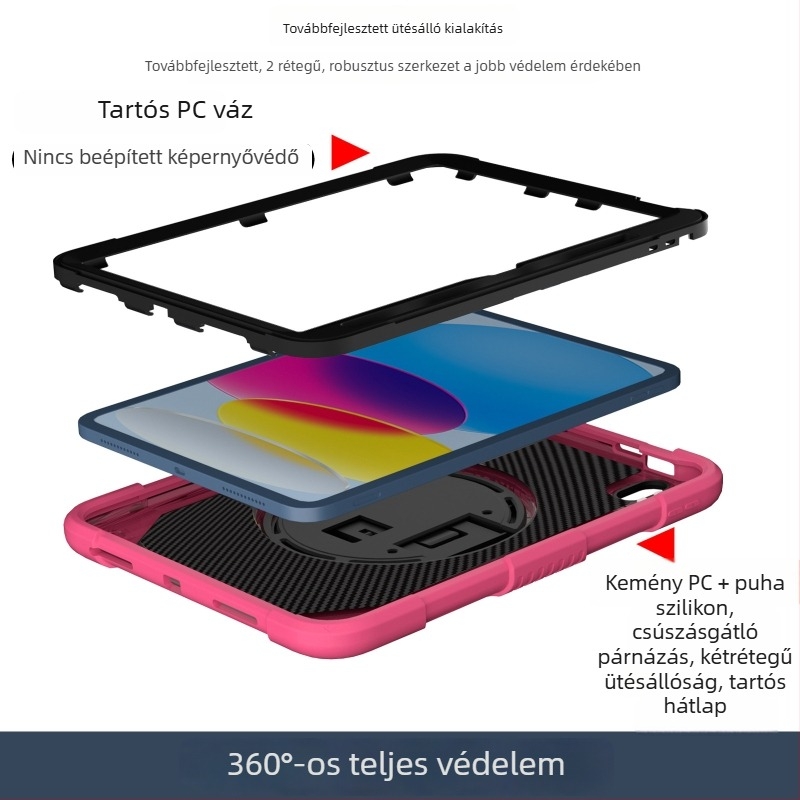 A16-kompatibilis 10,9 hüvelykes iPad védőtok forgatható állvánnyal és tollrekesszel, ütésálló