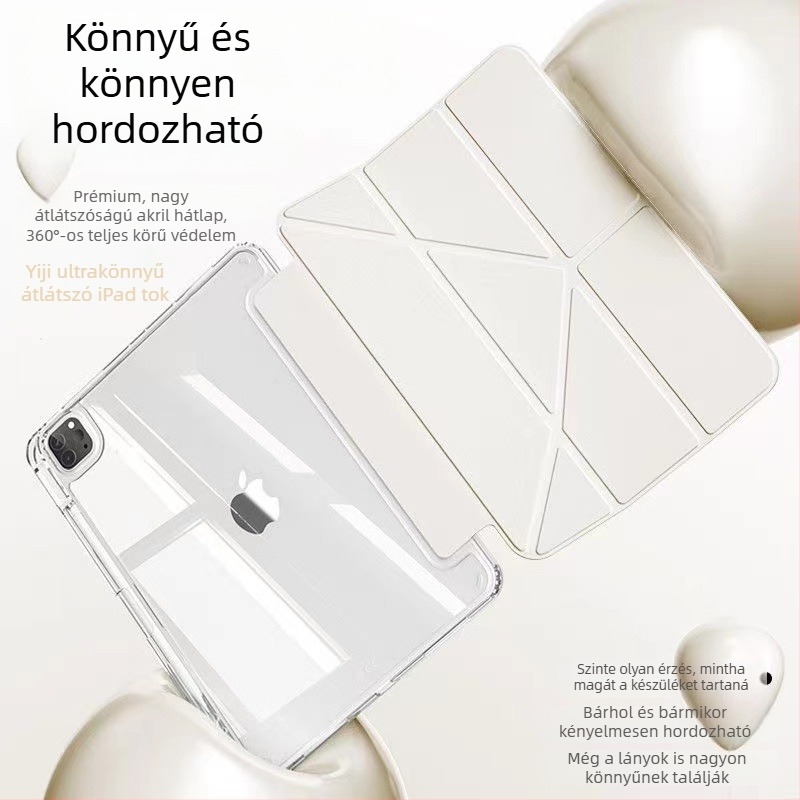 2024 kiválóan átlátszó akril védőtok iPadhez, mágneses zárral és Y‑formájú támasztékkal, kompatibilis az iPad Air 5‑tel és a 9. generációval, tolltartóval és hajlítás elleni védelemmel