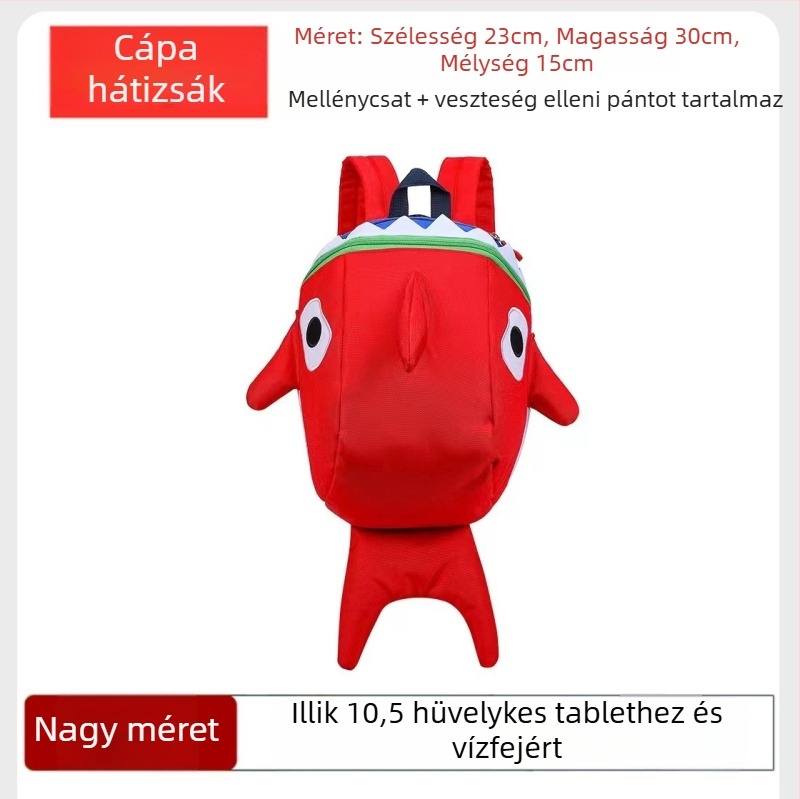 Cápa alakú mini hátizsák iskolába és utazásokhoz • Nylon • Kapacitás: 20 L alatt • Illeszkedik 10 hüvelykes laptophoz • Modell: állat