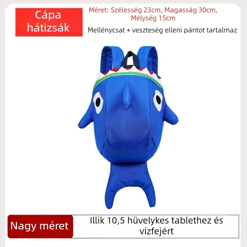 Cápa alakú mini hátizsák iskolába és utazásokhoz • Nylon • Kapacitás: 20 L alatt • Illeszkedik 10 hüvelykes laptophoz • Modell: állat