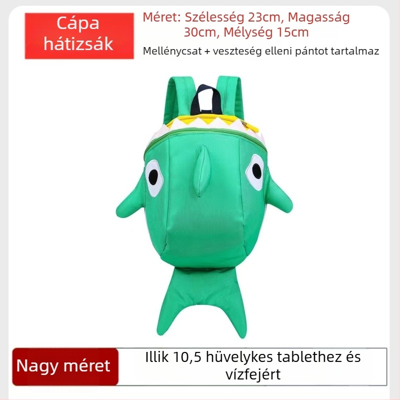 Cápa alakú mini hátizsák iskolába és utazásokhoz • Nylon • Kapacitás: 20 L alatt • Illeszkedik 10 hüvelykes laptophoz • Modell: állat