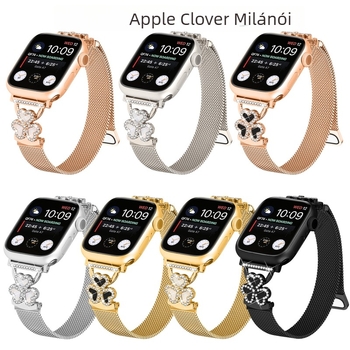 Mágneses Milan-stílusú fémcsat Apple Watchhoz, Series 1–11-kompatibilis, szív alakú lóhere motívummal.