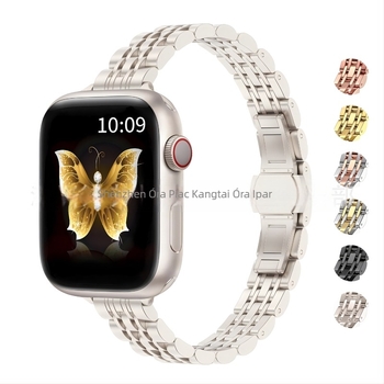 Apple Watch S9/Ultra2 acél szíj, 14×12 mm, pillangó csattal, hét gyöngy díszítéssel