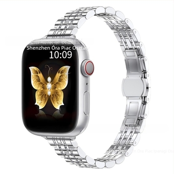 Apple Watch S9/Ultra2 acél szíj, 14×12 mm, pillangó csattal, hét gyöngy díszítéssel