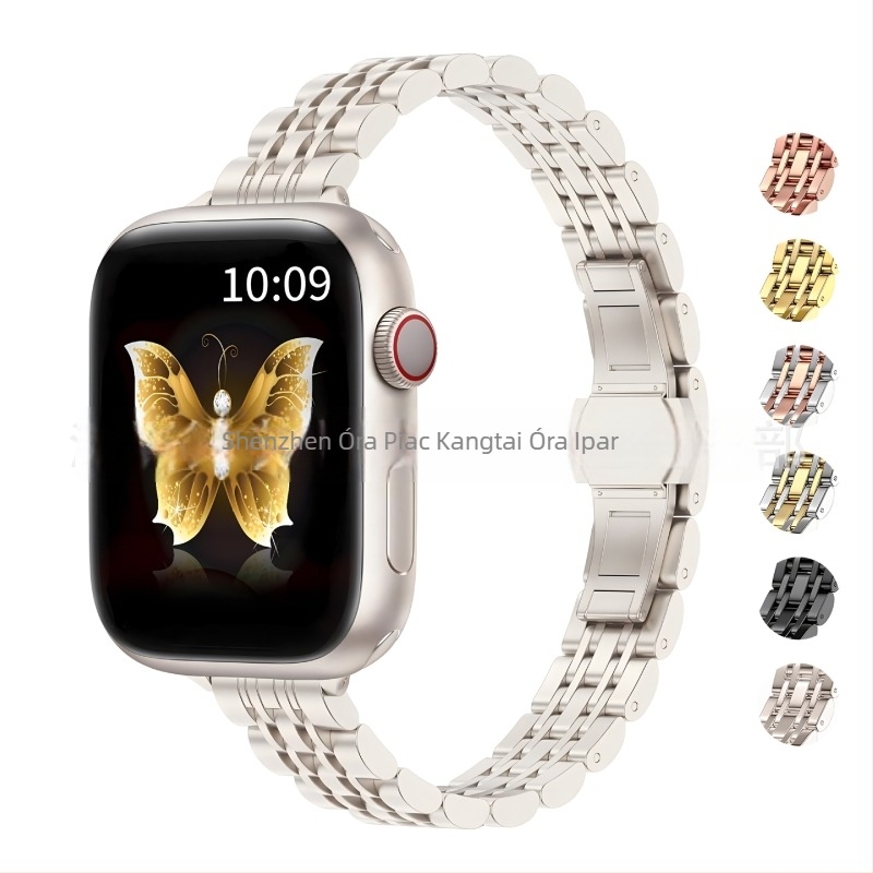 Apple Watch S9/Ultra2 acél szíj, 14×12 mm, pillangó csattal, hét gyöngy díszítéssel