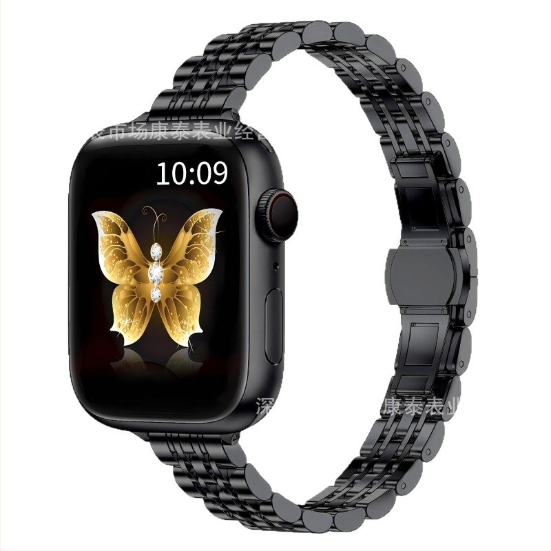 Apple Watch S9/Ultra2 acél szíj, 14×12 mm, pillangó csattal, hét gyöngy díszítéssel