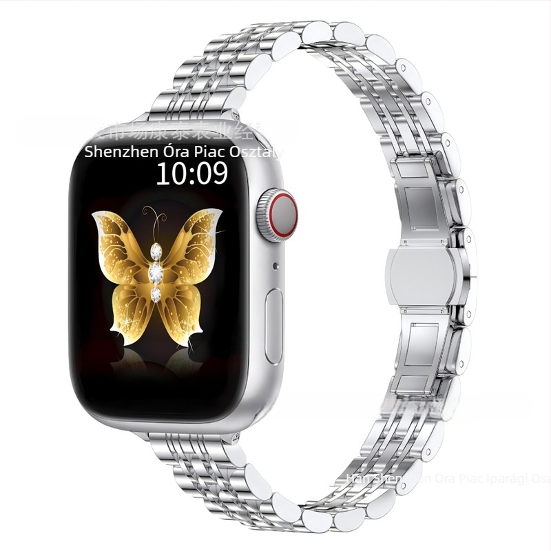 Apple Watch S9/Ultra2 acél szíj, 14×12 mm, pillangó csattal, hét gyöngy díszítéssel