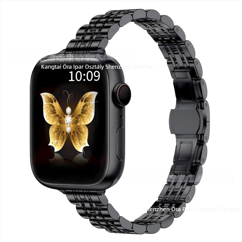 Apple Watch S9/Ultra2 acél szíj, 14×12 mm, pillangó csattal, hét gyöngy díszítéssel