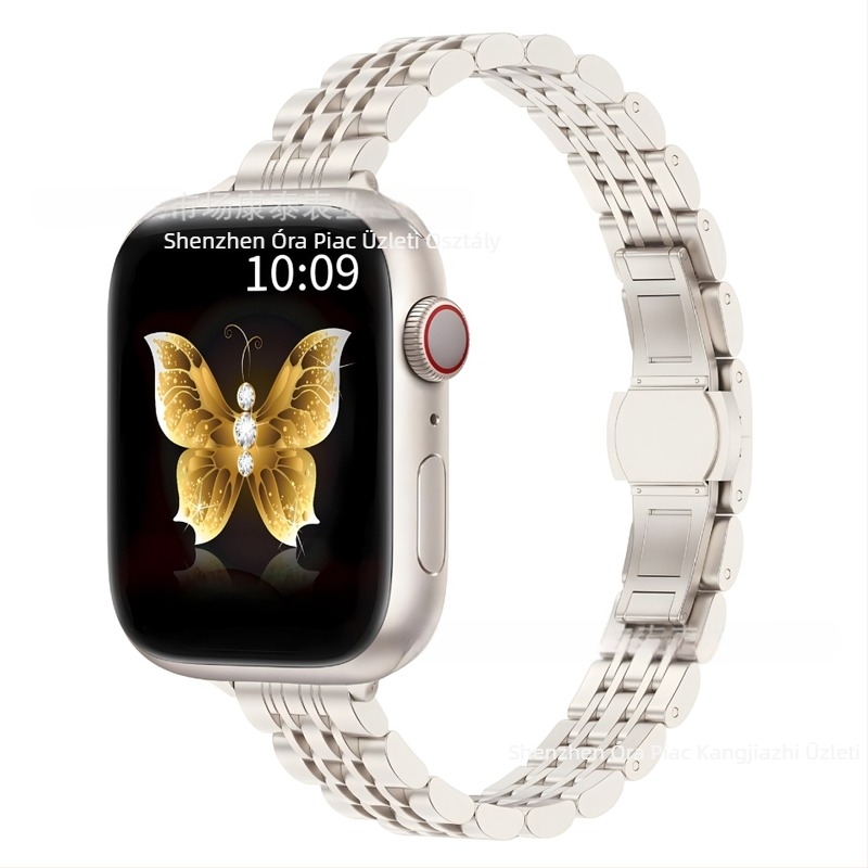 Apple Watch S9/Ultra2 acél szíj, 14×12 mm, pillangó csattal, hét gyöngy díszítéssel