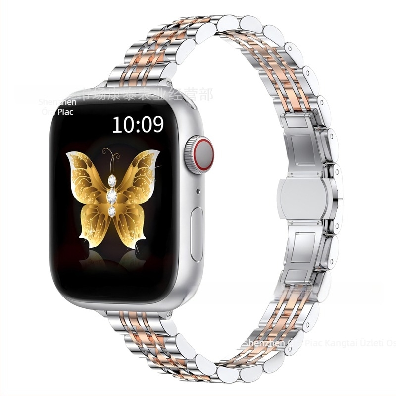 Apple Watch S9/Ultra2 acél szíj, 14×12 mm, pillangó csattal, hét gyöngy díszítéssel